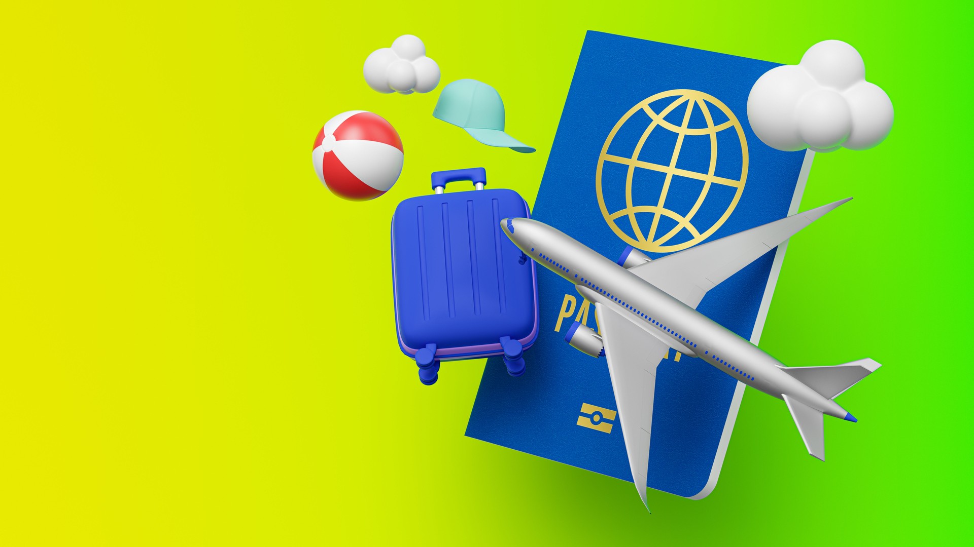Vibrant Travel Essentials with Passport and Airplane
